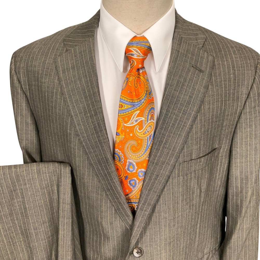 Tom James Suit Men 48R 40W Gray Pinstripe Bespoke Filo A Mano Holland Sherry
